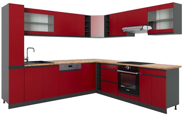 Eckküche R-Line Rot/Anthrazit 277 x 60 cm J-Shape, AP Eiche Vicco