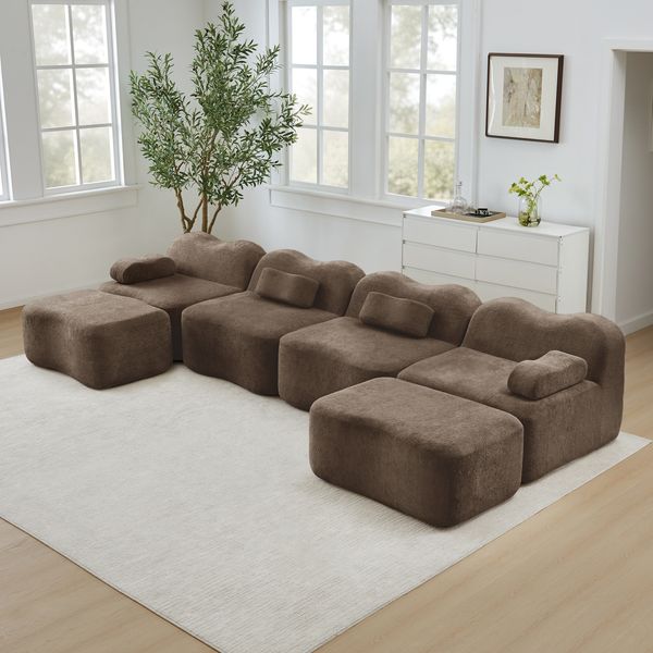 Ecksofa modular in Braun mit Samtbezug, rahmenloses Wohnzimmersofa in Wellenform mit 2 Hockern,