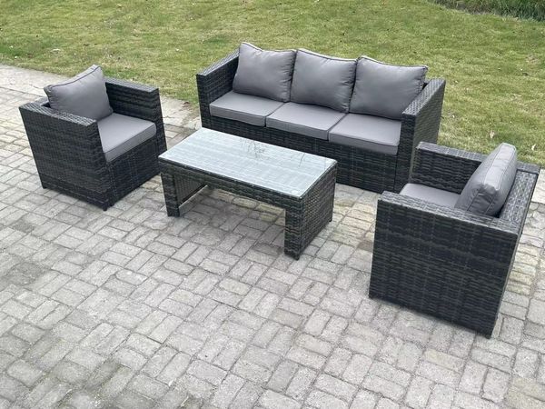 Fimous Lounge Rattan Sofa Set Gartenmöbel im Freien mit 2 Stühlen länglicher rechteckiger Couchtisch