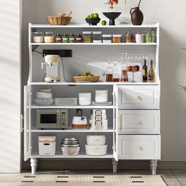 Flieks Küchenbuffet mit Steckdosen, Gläserhalter, Schubladen und Glastüren (120x40x138,5 cm, 1-St, Arbeitsplatte mit USB- und Typ-C-Anschlüssen, Beine aus Massivholz) Hochschrank Küchenschrank Geschirrschrank mit verstellbarer Ablagen