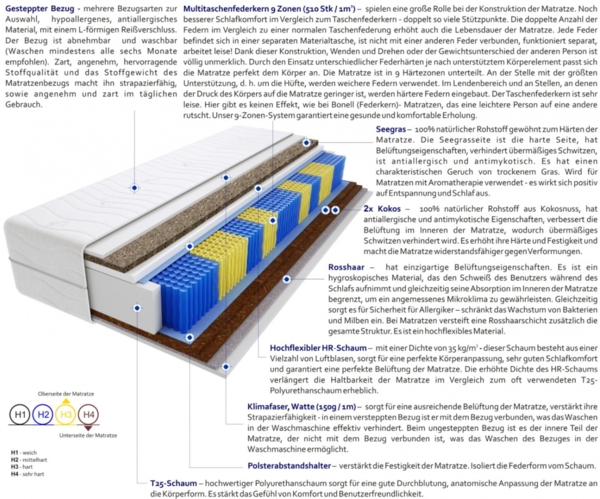 Taschenfederkernmatratze Santana Gras Multitaschen 65x180 cm H3 | H4 Bild 3