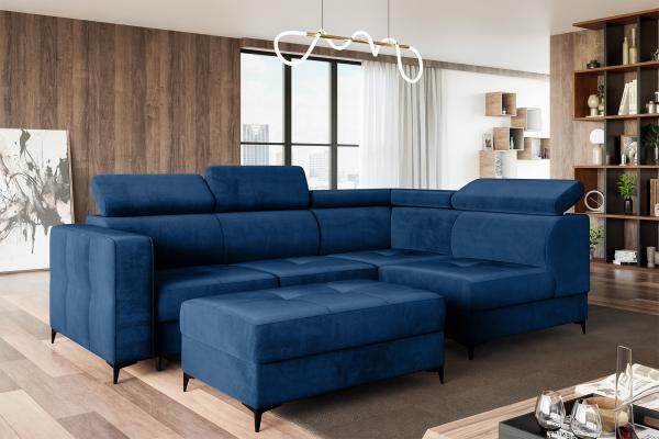 MEBLINI Schlafcouch mit Bettkasten - DORIAN - 263x232x89cm Rechts – Blau Samt - Ecksofa mit Schlaffunktion - Sofa mit Relaxfunktion und Kopfstützen - Couch L-Form - Eckcouch - Wohnlandschaft