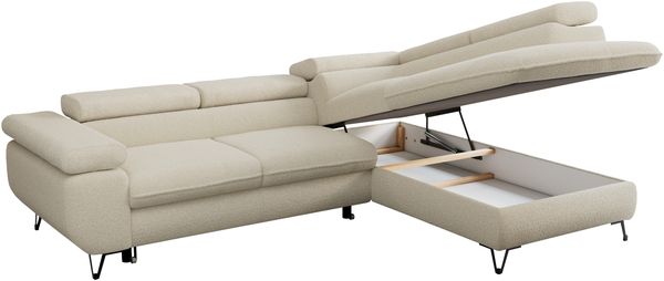 Mks Möbel 'Peter L-form' Ecksofa mit Bettfunktion, Bettkasten & einstellbaren Kopfstützen, Beige, Boucle, mit Topper, rechts Bild 5