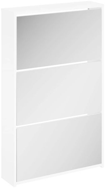 Schuhschrank, Schuhkipper für Flur, skandinavisch mit Spiegel 3-lagig Hochglanzweiß 63x17x102,5 cm