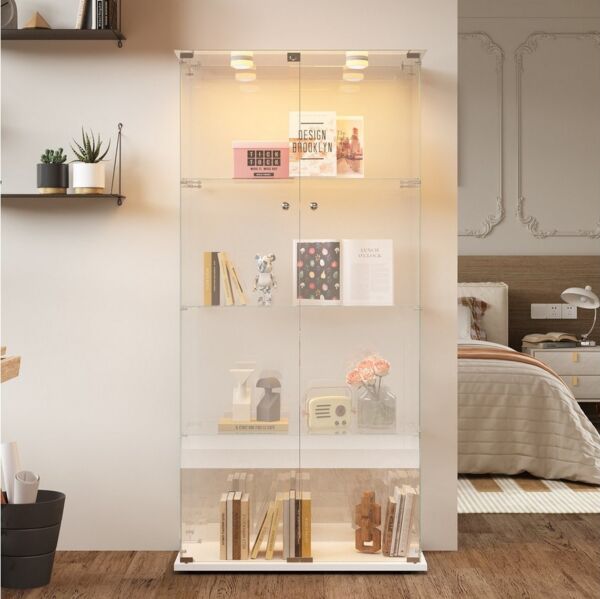FUROKOY Glasvitrine Standvitrinen, Vitrine aus gehärtetem Glas (Vitrinenschrank mit 2 Glastür und Beleuchtung für Sammler, Bücher) 4 Lagen Sammlervitrine, Weiß