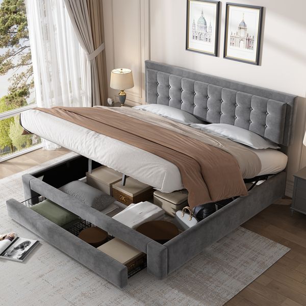Polsterbett 180x200 cm aus Samt mit Stauraum – höhenverstellbares Kopfteil