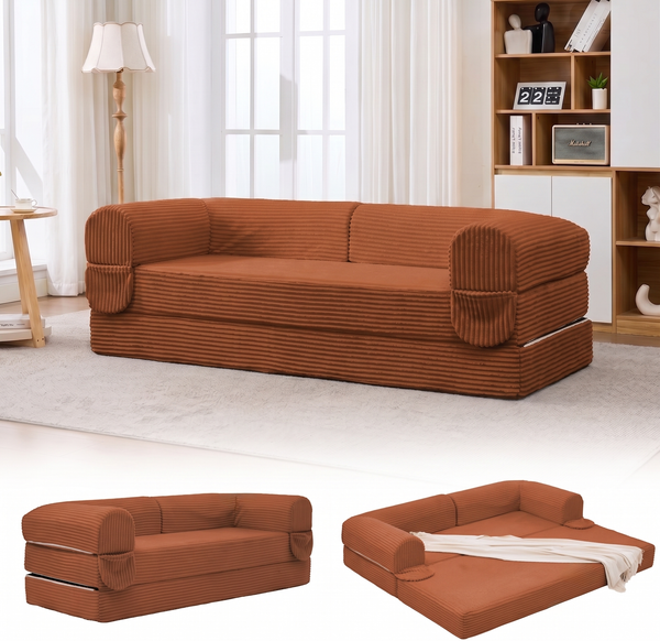 LVHOM Modulares Sofa 2 Sitzer, Schlafsofa mit Seitentaschen, Klappsofa mit Schlaffunktion, kein Aufbau erforderlich, Cord, Orange