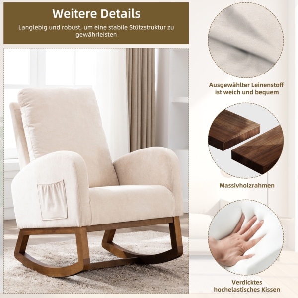 LVHOM Schaukelstuhl aus Massivholzgestell, gepolsterte Schaukelsessel mit, Seitentasche, Hohe Rückenlehne, geeignet für Wohnzimmer, Schlafzimmer, Arbeitszimmer, Balkon Bild 2