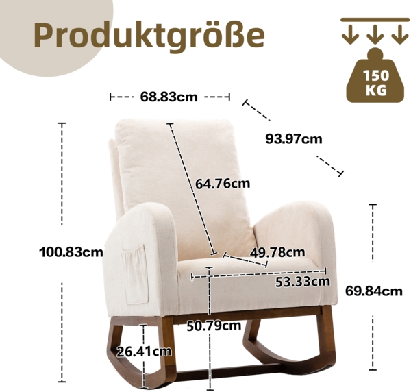 LVHOM Schaukelstuhl aus Massivholzgestell, gepolsterte Schaukelsessel mit, Seitentasche, Hohe Rückenlehne, geeignet für Wohnzimmer, Schlafzimmer, Arbeitszimmer, Balkon Bild 6
