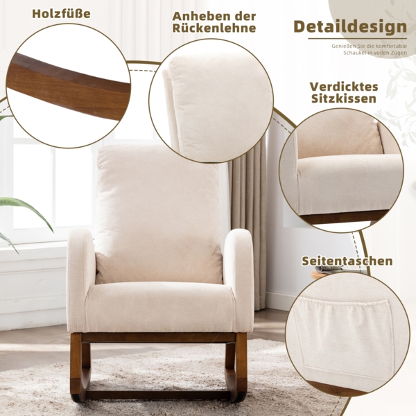 LVHOM Schaukelstuhl aus Massivholzgestell, gepolsterte Schaukelsessel mit, Seitentasche, Hohe Rückenlehne, geeignet für Wohnzimmer, Schlafzimmer, Arbeitszimmer, Balkon Bild 3