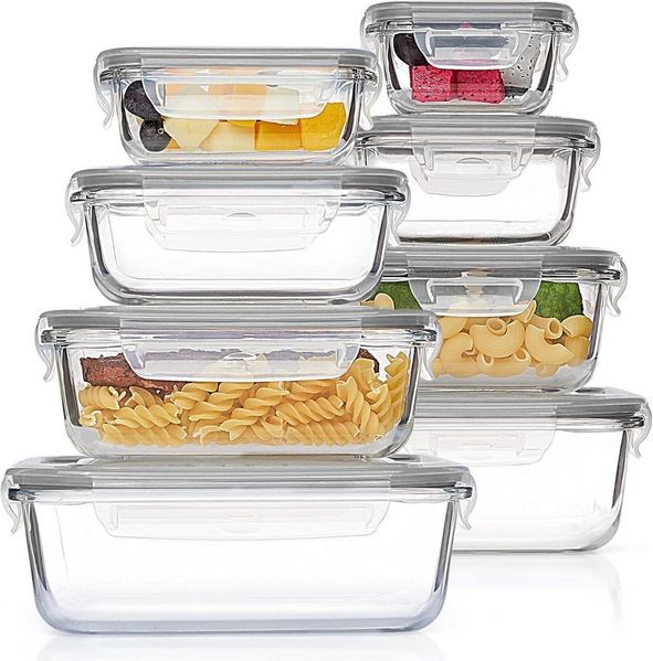 Refined Living Frischhaltedose 8er Glas Frischhaltedosen mit Deckel,Meal Prep Boxen,Lunchbox,BPA-frei, Borosilikatglas + BPA-freie Kunststoffdeckel mit Silikonring, (Borosilikatglas + BPA-freie Kunststoffdeckel mit Silikonring, (8 Größen im Set, Grau, ...