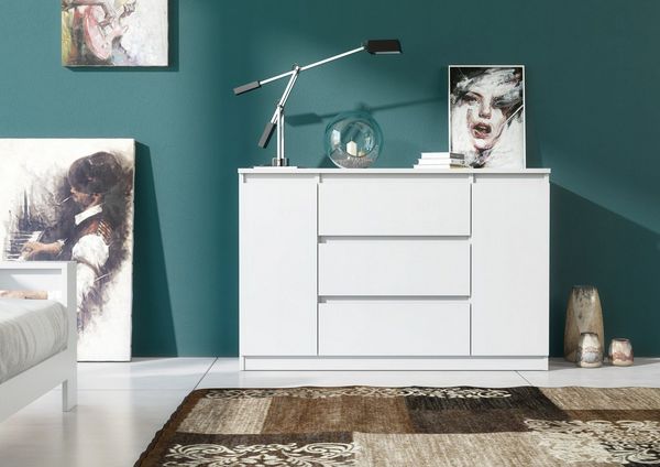 Raumhirsch Furniture Kommode, Sideboard, Kommode für das Schlafzimmer - Wohnzimmer (Maße: 120 × 39 × 78,5 cm, 2 Türen, 3 Schubladen, Rollenschienen), viele Farbvarianten - Hochwertig & stabil