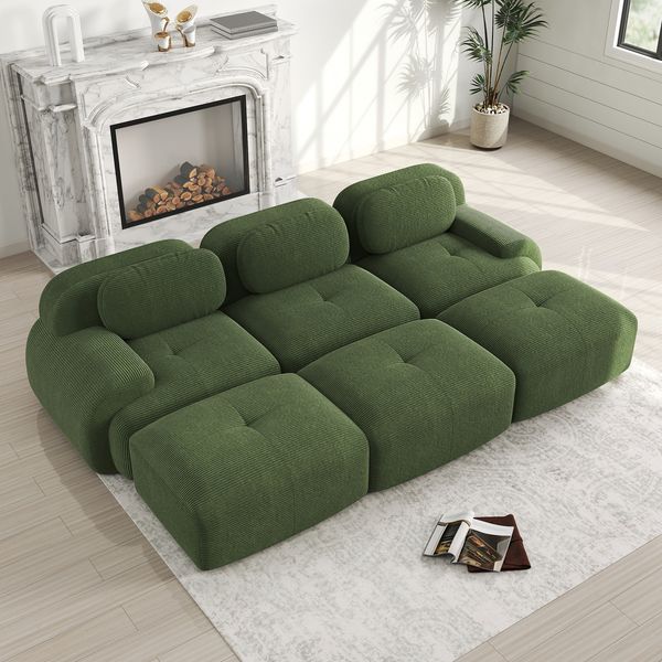 Flieks Modulares Cord Sofa 3-Sitzer mit 3x Hocker, Cloud Sofa rahmenlos, bodennah mit tiefer Sitzfläche, auch als Schlafsofa nutzbar, Grün