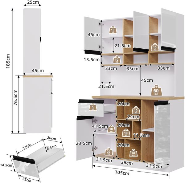 Sideboard Hochglanz weiß mit Arbeitsplatte, 105cm×45cm×78cm,Buffetschrank, Küchenregal mit Schubladen, Aluminiumgriffen & Kippsicherung Bild 10