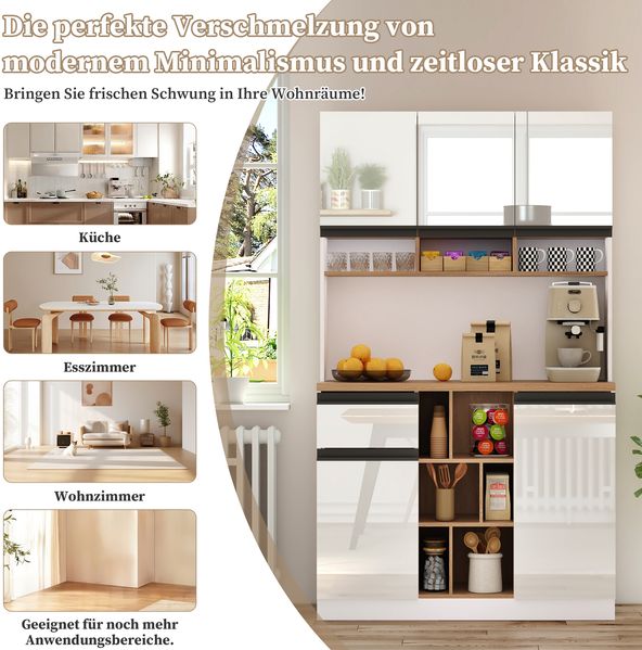 Sideboard Hochglanz weiß mit Arbeitsplatte, 105cm×45cm×78cm,Buffetschrank, Küchenregal mit Schubladen, Aluminiumgriffen & Kippsicherung Bild 8
