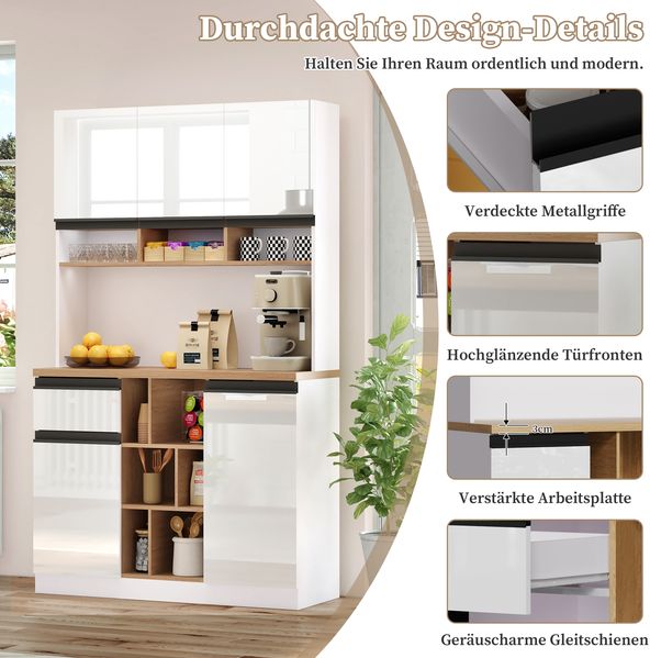 Sideboard Hochglanz weiß mit Arbeitsplatte, 105cm×45cm×78cm,Buffetschrank, Küchenregal mit Schubladen, Aluminiumgriffen & Kippsicherung Bild 9