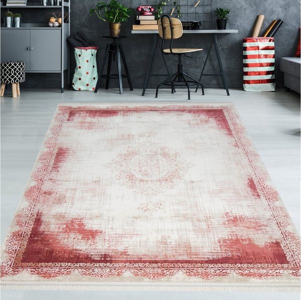 TeppichHome24 Teppich Wollteppich mit Fransen in rot, rechteckig, Höhe: 10 mm