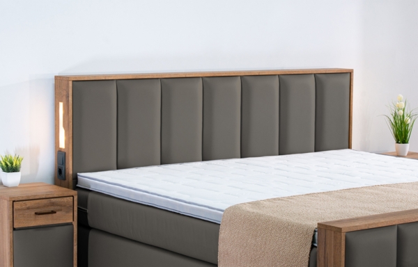 Meisterbetten Boxspringbett Sely mit Holzdekor Eiche Cognac 120x220 in LM-Dunkelgrau, Matratzenbezug Nano, Midisoft-Topper Bild 4