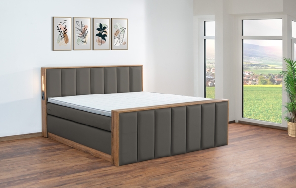 Meisterbetten Boxspringbett Sely mit Holzdekor Eiche Cognac 120x220 in LM-Dunkelgrau, Matratzenbezug Nano, Midisoft-Topper Bild 2