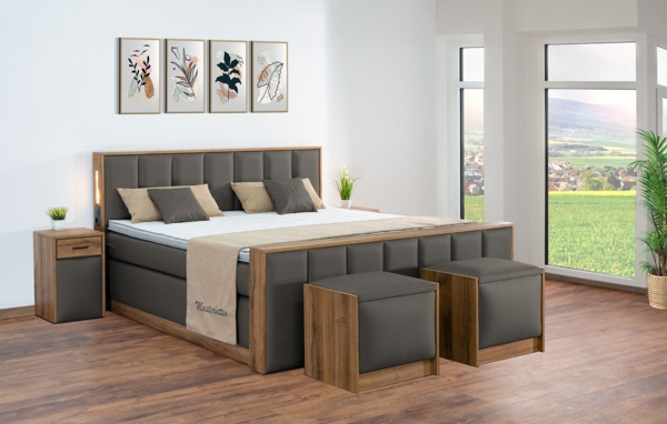 Meisterbetten Boxspringbett Sely mit Holzdekor Eiche Cognac 120x220 in LM-Dunkelgrau, Matratzenbezug Nano, Midisoft-Topper Bild 3