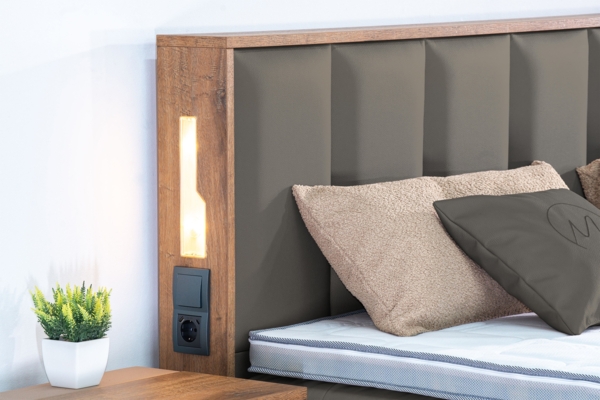 Meisterbetten Boxspringbett Sely mit Holzdekor Eiche Cognac 120x220 in LM-Dunkelgrau, Matratzenbezug Nano, Midisoft-Topper Bild 5