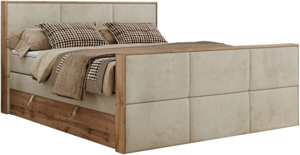 Doppelbett, Boxspringbett mit zwei Multipocket-Matratzen und ein Topper, Bettkästen, Eiche Wotan Holzrahmen, genähtes Kopfteil und Front - ALBERO 2 KING DUO - 160 x 200 cm - Beige Velours - H3 Bild 4