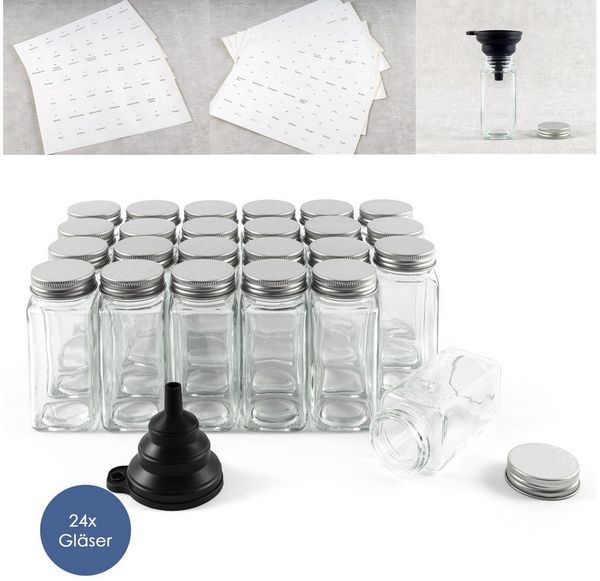 Hanseküche Gewürzbehälter Gewürzgläser Set mit Streueinsatz, Glas, (24 Gewürzgläser, 2-tlg, Set inkl. Zubehör), inkl. Ersatzstreueinsätze, Trichter und Reinigungsbürste