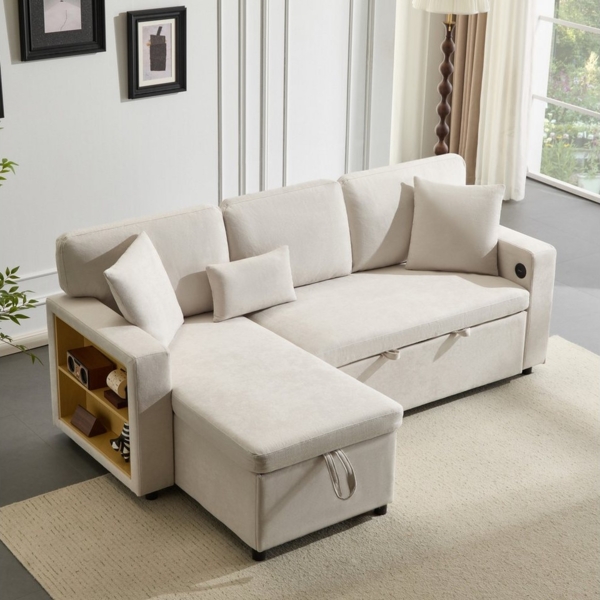 Merax Ecksofa L-Form Sofa, Loungesessel mit Schlaffunktion, Bettkasten, integriertem Regal & USB