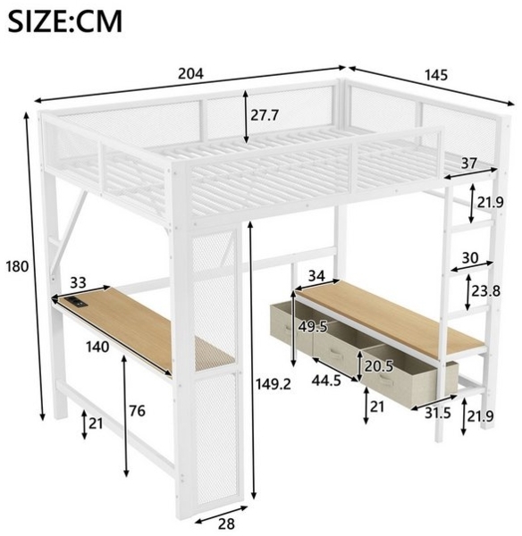 Flieks Hochbett Metallbett 140x200 cm mit Schreibtisch, Led, Schubladen, Kleiderstange Bild 4