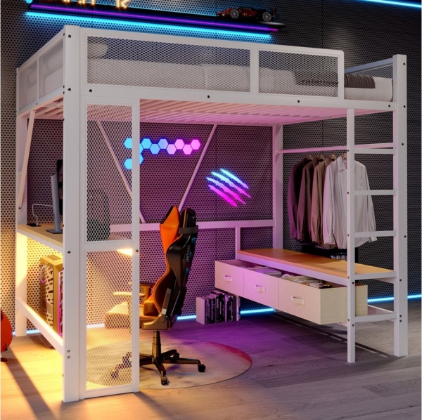 Flieks Hochbett Metallbett 140x200 cm mit Schreibtisch, Led, Schubladen, Kleiderstange Bild 1