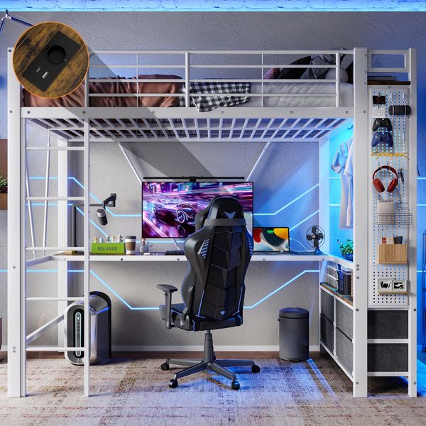Hochbett 90x200 cm, Metallrahmen & MDF, integrierter Schreibtisch, 4 Schubladen, LED & USB‑C, Weiß