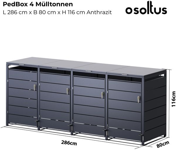Mülltonnenbox mit Pedal 4 Mülltonnen PedBox Anthrazit Alu verzinkt 286 x 116 cm Bild 3