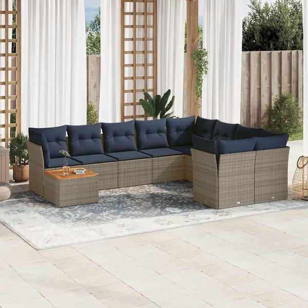 vidaXL 10-tlg. Garten-Sofagarnitur mit Kissen Grau Poly Rattan 3256159