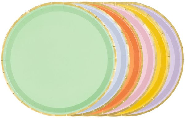 partydeco Teller, Pappteller 21cm mit Goldrand 6er Set Bunt Pastell / Gold