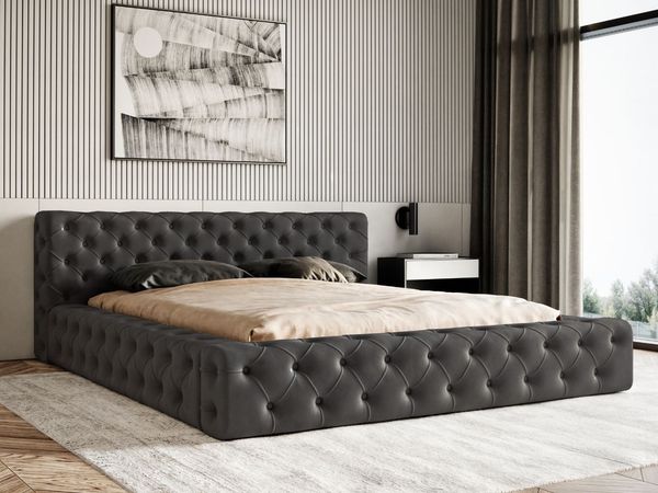 GRAINGOLD Palini Polsterbett 160x200, mit gepolstertes Kopfteil, gestepptes Bett, Bettkasten, Velour-Stoff, Schwarz