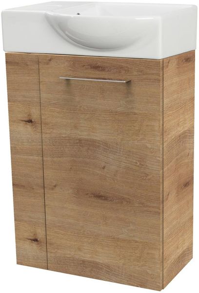 FACKELMANN SBC MILANO Gäste WC Waschtisch Set 45 cm breit, Braun hell, Waschbecken Keramik Weiß, Türanschlag rechts
