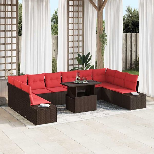 vidaXL Gartensofa-set mit Kissen 11 pcs Braun und Rot Poly-Rattan 3349260