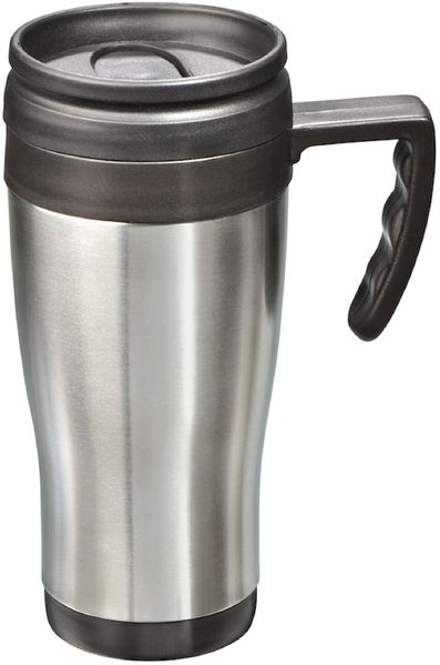 Kompakter Auto-Isolierbecher „Sally“ Mattierter Edelstahl 0,4l, Wasserdicht, Verschließbar Ø 6,4 cm, Höhe 18,5 cm