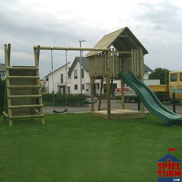 Spielturm T142 All Inclusive inkl. Doppelschaukel, Sandkasten, Kletterelemente und Wellenrutschbahn - Material: Kiefernholz – Rutsche: Apfelgrün