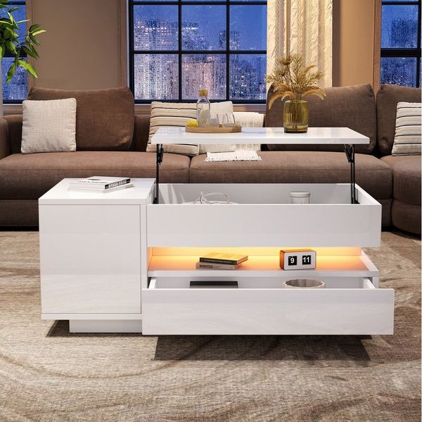 Merax Couchtisch anhebbarer Sofatisch hochglanz Beistelltisch mit LED-Beleuchtung (hydraulische Hebefunktion, modern & funktional, 1-St, Höhenverstellbare Tischplatte), Wohnzimmertisch mit Schublade, Schrank & versteckter Stauraum