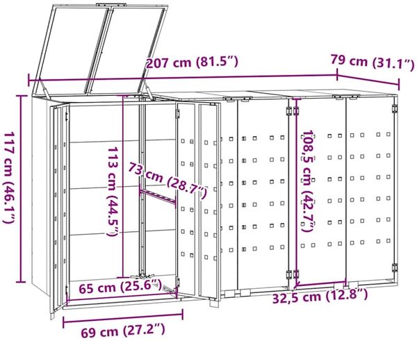vidaXL Mülltonnenbox für 3 Tonnen Schwarz 207x79x117 cm Stahl 3279978 Bild 11