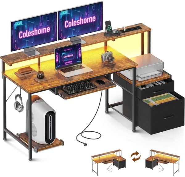 Schreibtisch mit Schubladen 140x48cm LED-Licht Braun