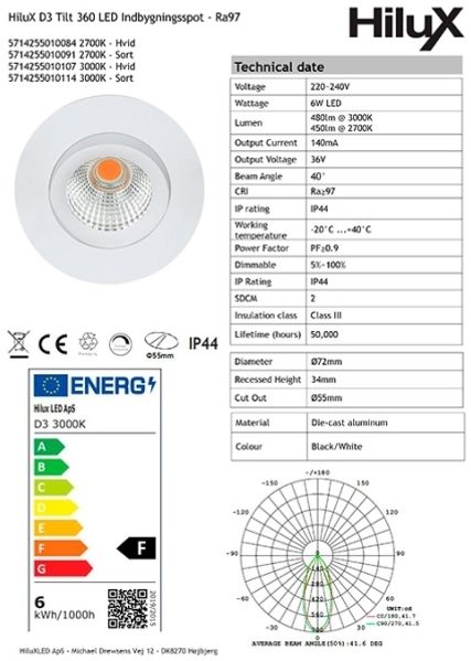 HiluX D3 Tilt360 - Full Spectrum LED Recessed Spot - Ra97 - 3000K - Black