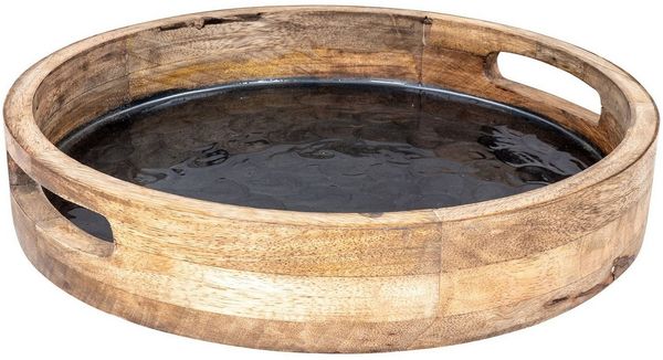 Levandeo® Dekotablett, Tablett 35cm Rund Mango Holz Grau Perlmutt Emaille Ablage
