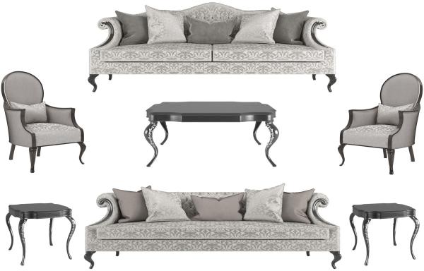 Casa Padrino Luxus Barock Wohnzimmer Set Silber / Grau / Schwarz - 2 Sofas & 2 Sessel & 1 Couchtisch & 2 Beistelltische - Wohnzimmermöbel im Barockstil - Edle Barock Möbel