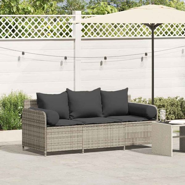 vidaXL Gartensofa mit Kissen 3-Sitzer Hellgrau Poly Rattan 4104177