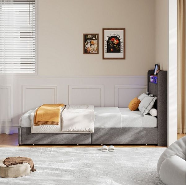 PXloue Polsterbett LED Doppelbett 180x200 cm, mit USB-Laden und Stauraum am Kopfteil,Leinen,90x200 cm