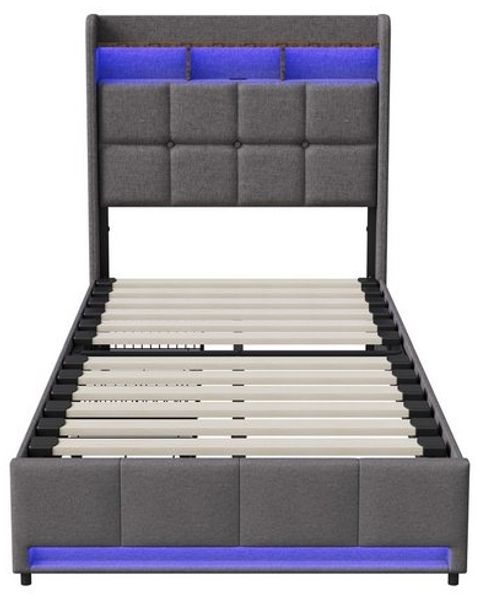 PXloue Polsterbett LED Doppelbett 180x200 cm, mit USB-Laden und Stauraum am Kopfteil,Leinen,90x200 cm Bild 4