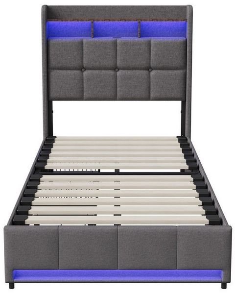 PXloue Polsterbett LED Doppelbett 180x200 cm, mit USB-Laden und Stauraum am Kopfteil,Leinen,90x200 cm Bild 3