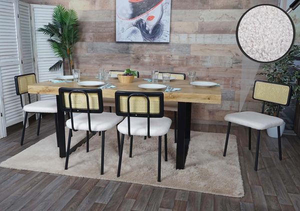 6er-Set Esszimmerstuhl HWC-K88, Lehnstuhl Stuhl, Holz Poly-Rattan Metall Bouclé ~ Stoff/Textil weiß